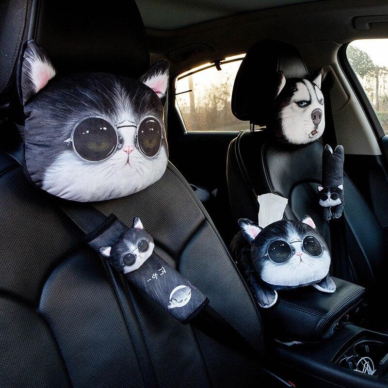 1Pcs Cute Dog Cat Car Headrest Interesting Car Neck Pillow Safety Seat Belt Shoulder Cover Pad Men Women Girls Car Accessories