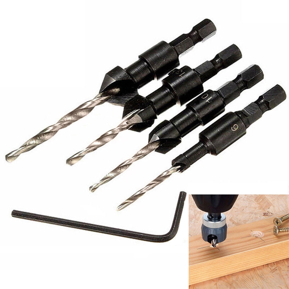 25# 4 Pcs 1/4 inch HSS Hex Shank Countersink Tapered Drill Bit Set with Wrench Quick Change Cone Reaming Wood Woodworking Tools
