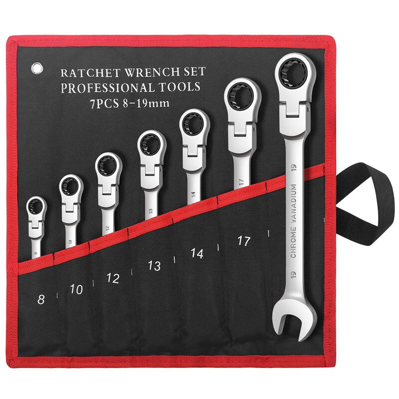 7pcs Flex-Head Ratcheting Combination Wrench Set  12 Point Ratchet Wrench  72 Teeth Box End and Open End Wrench Set with Pouch