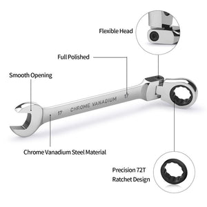 7pcs Flex-Head Ratcheting Combination Wrench Set  12 Point Ratchet Wrench  72 Teeth Box End and Open End Wrench Set with Pouch