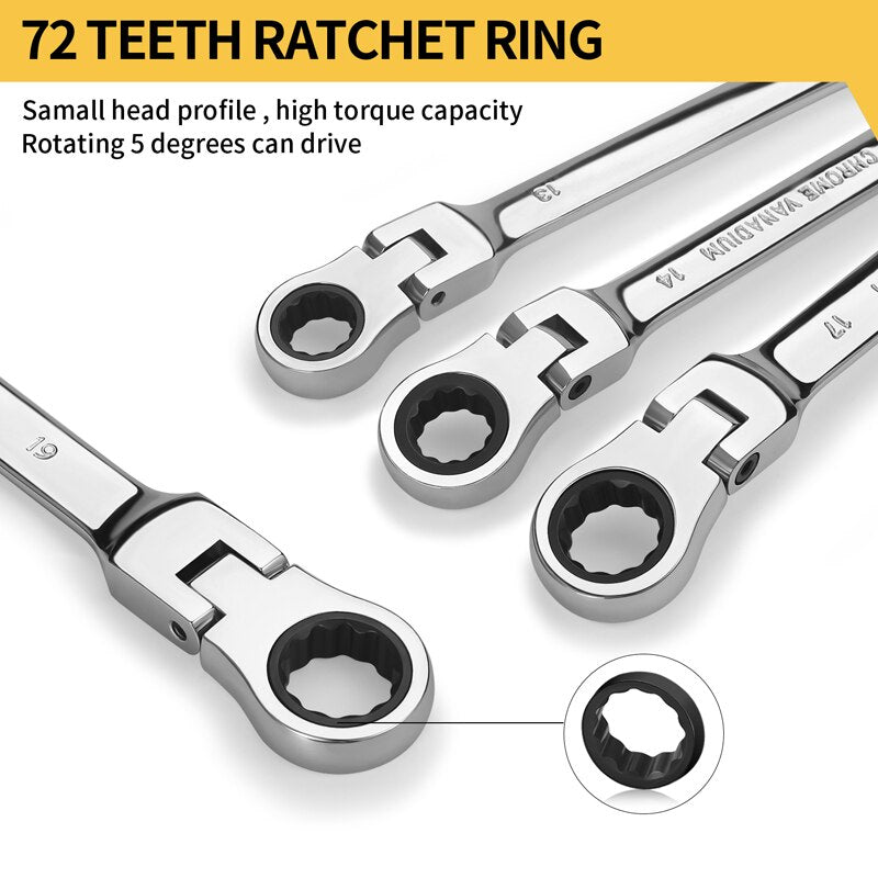 7pcs Flex-Head Ratcheting Combination Wrench Set  12 Point Ratchet Wrench  72 Teeth Box End and Open End Wrench Set with Pouch