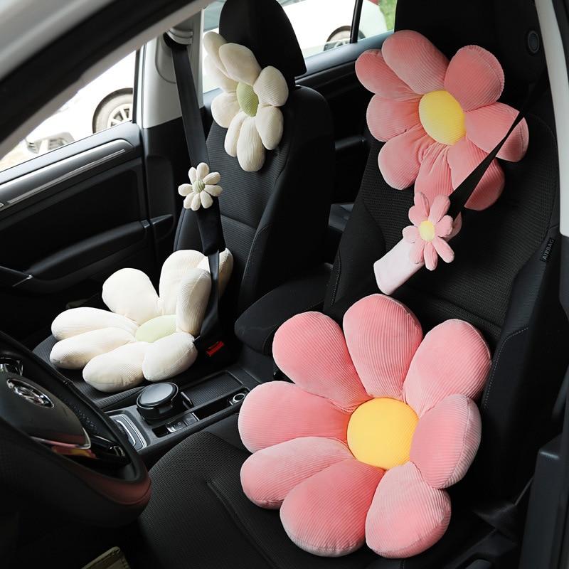 Car plush headrest creative sun flower car neck pillow back pillow lumbar head support cushion women's car interior accessories