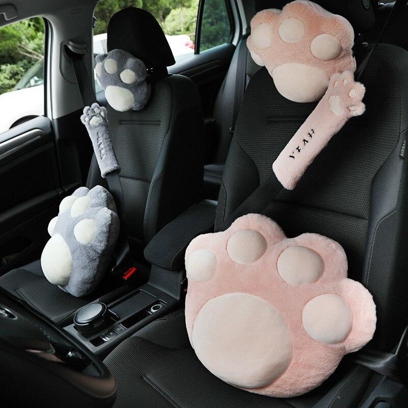 Car plush headrest cute cat claw neck pillow cushion fashionable automobile women's decorative seatbelt protect lumbar covers
