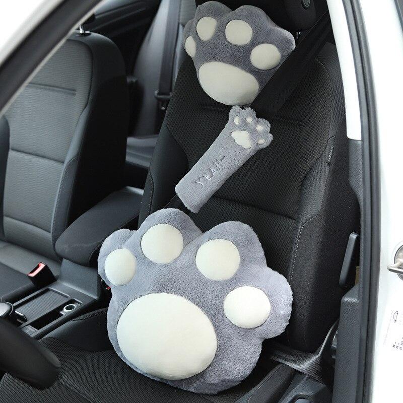 Car plush headrest cute cat claw neck pillow cushion fashionable automobile women's decorative seatbelt protect lumbar covers