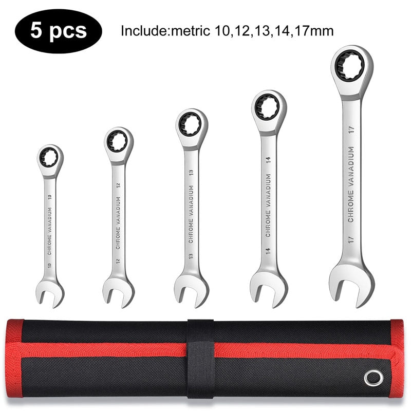 Combination Ratchet Wrench Set of Keys for Auto Mechanical Universal Key Ratchet Spanners Hand Tool with Rolling Pouch