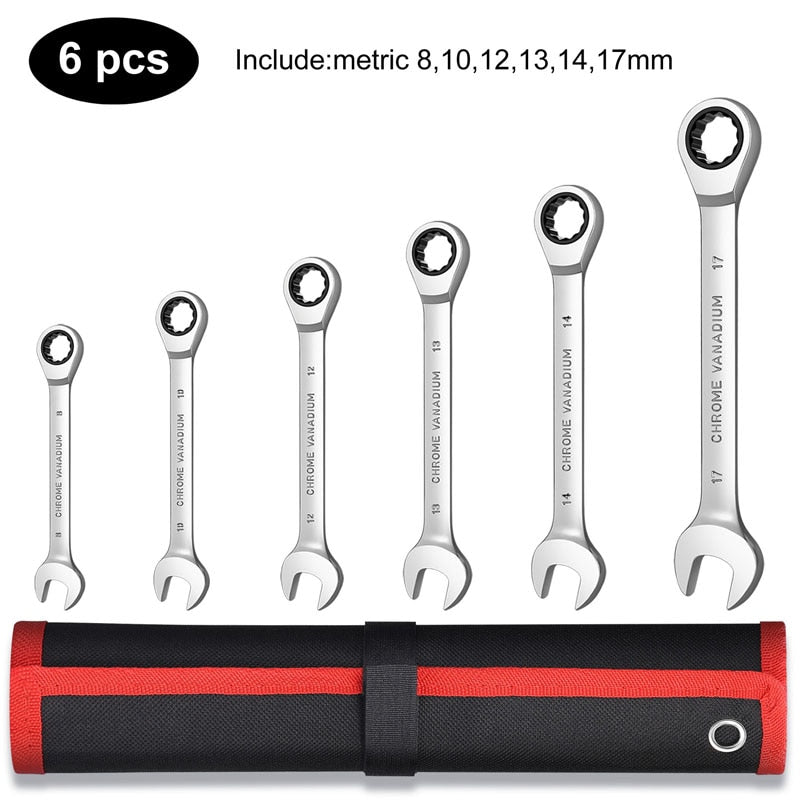 Combination Ratchet Wrench Set of Keys for Auto Mechanical Universal Key Ratchet Spanners Hand Tool with Rolling Pouch