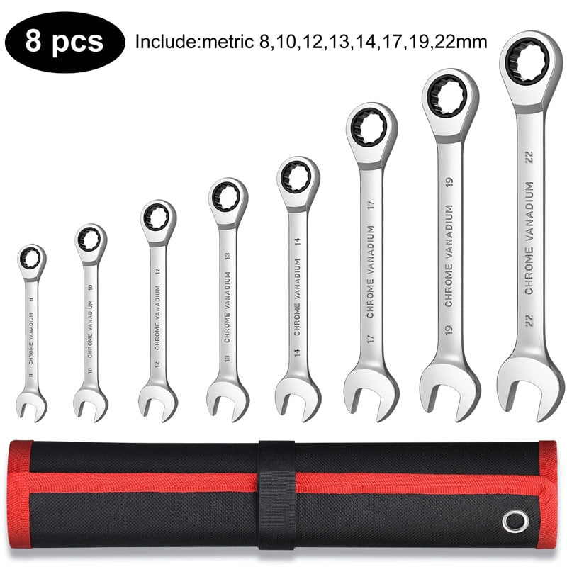 Combination Ratchet Wrench Set of Keys for Auto Mechanical Universal Key Ratchet Spanners Hand Tool with Rolling Pouch