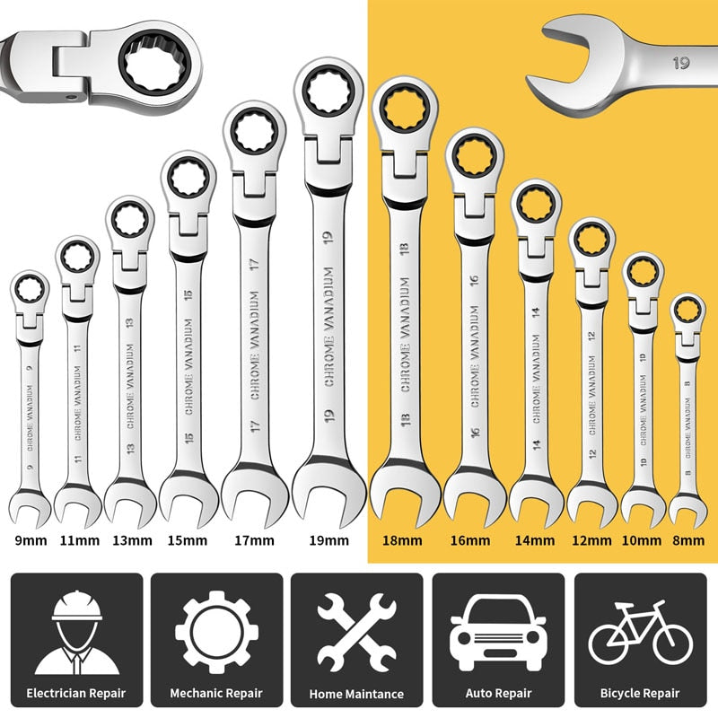 Flex Head Ratcheting Wrench Set Combination Ended Spanner kits  Chrome Vanadium Steel Hand Tools Socket Key Ratchet Wrench set